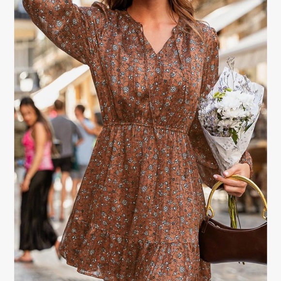 CUPSHE Brown Floral long sleeve dress - Picture 3 of 4
